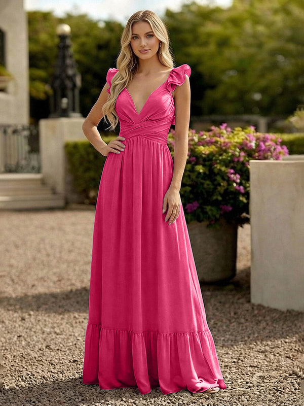 V Neck Backless Bridesmaid Dresses with Ruffles Chiffon