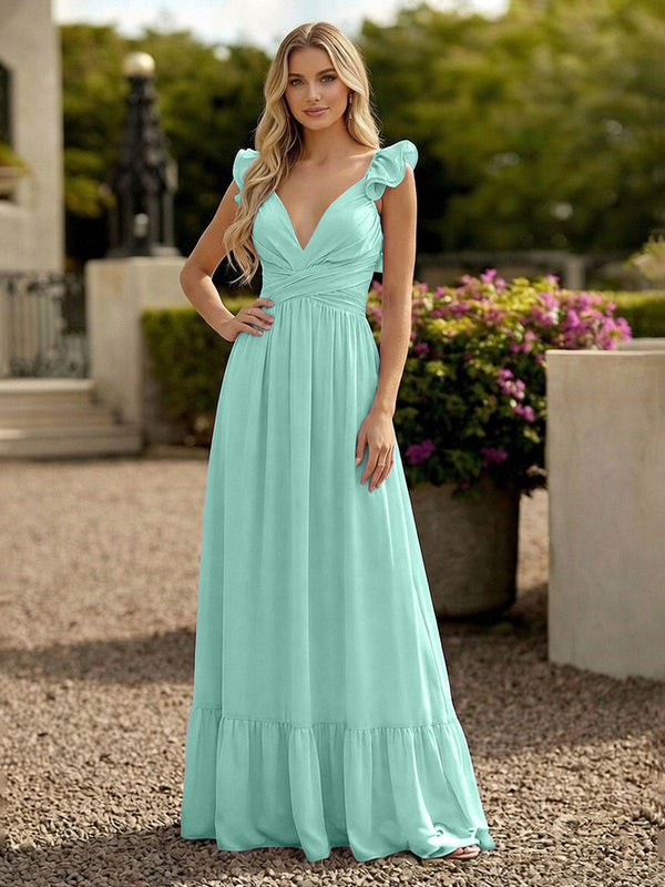 V Neck Backless Bridesmaid Dresses with Ruffles Chiffon