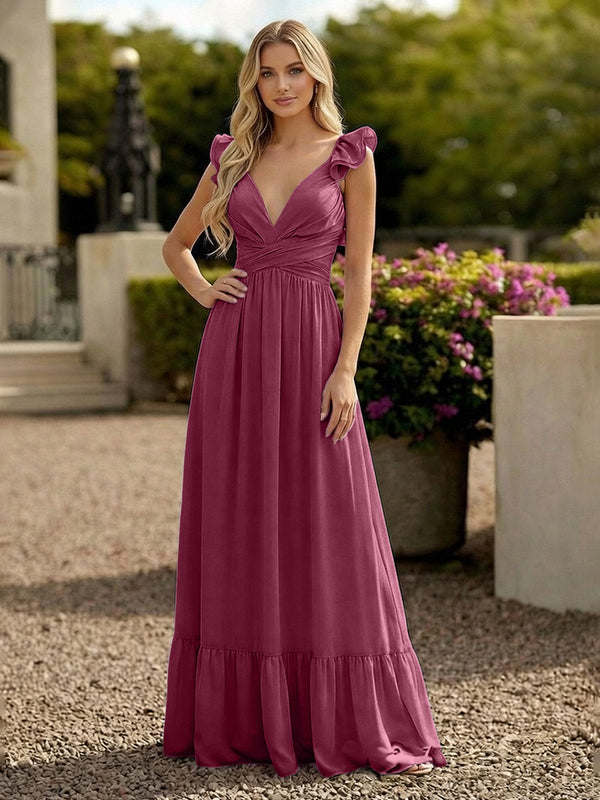 V Neck Backless Bridesmaid Dresses with Ruffles Chiffon
