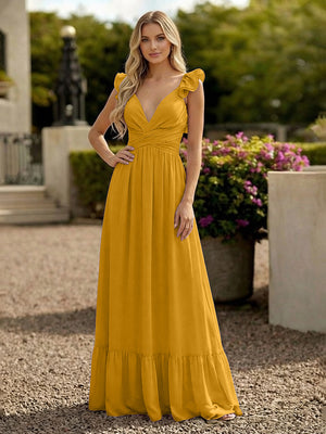 V Neck Backless Bridesmaid Dresses with Ruffles Chiffon