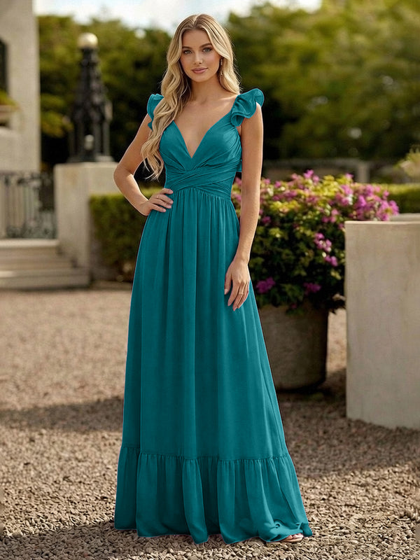 V Neck Backless Bridesmaid Dresses with Ruffles Chiffon