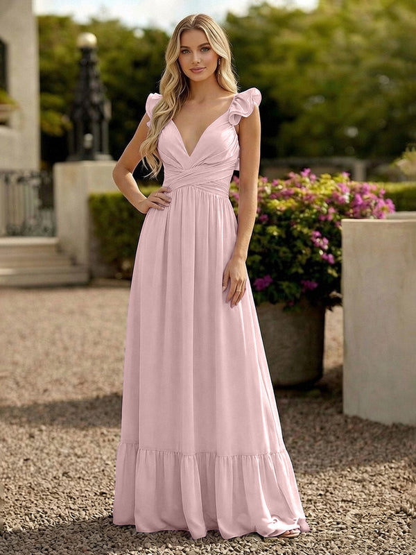 V Neck Backless Bridesmaid Dresses with Ruffles Chiffon
