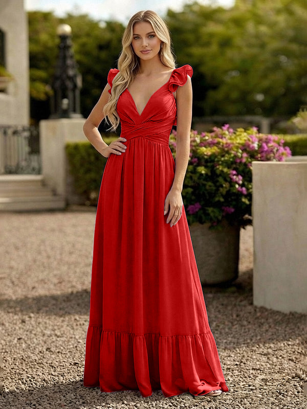 V Neck Backless Bridesmaid Dresses with Ruffles Chiffon