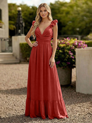 V Neck Backless Bridesmaid Dresses with Ruffles Chiffon