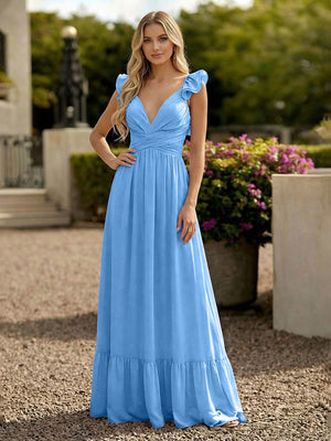 V Neck Backless Bridesmaid Dresses with Ruffles Chiffon