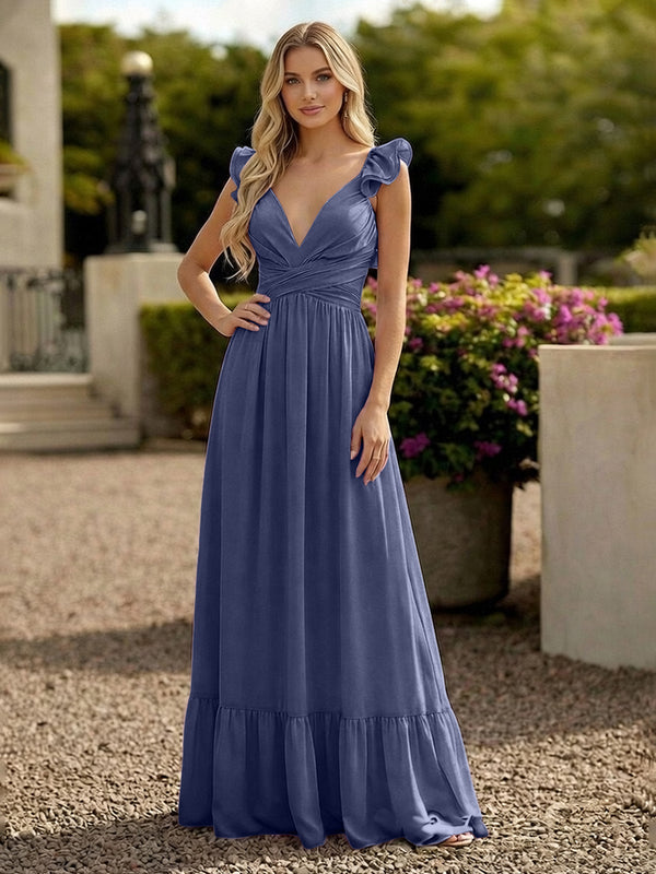 V Neck Backless Bridesmaid Dresses with Ruffles Chiffon