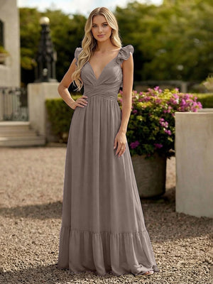 V Neck Backless Bridesmaid Dresses with Ruffles Chiffon