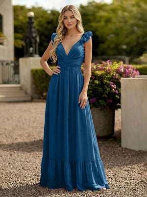 V Neck Backless Bridesmaid Dresses with Ruffles Chiffon