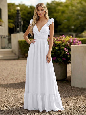 V Neck Backless Bridesmaid Dresses with Ruffles Chiffon