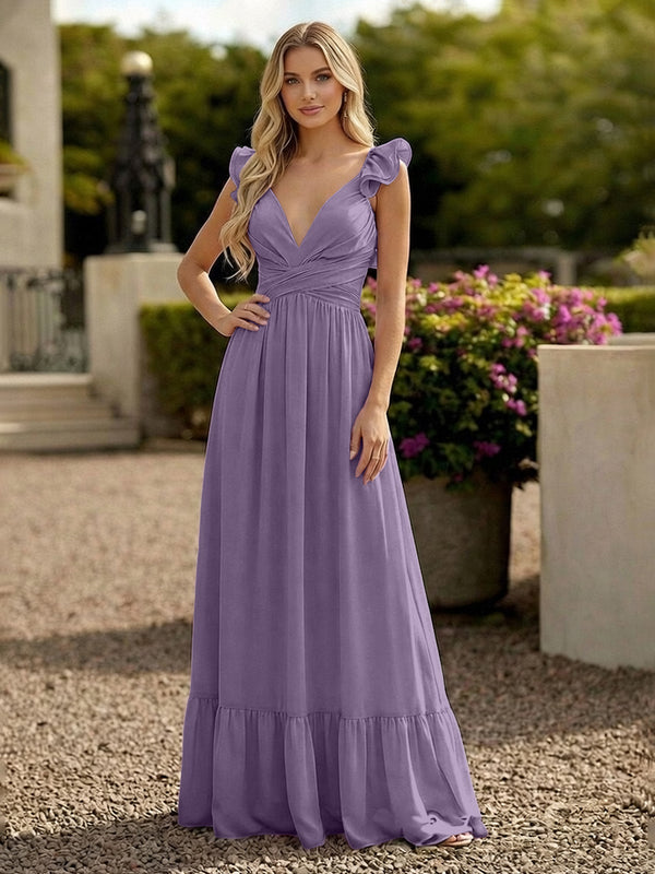 V Neck Backless Bridesmaid Dresses with Ruffles Chiffon