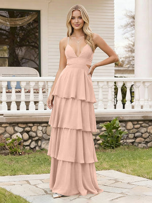 Spaghetti Straps Bridesmaid Dresses Chiffon Layered Maxi Dresses