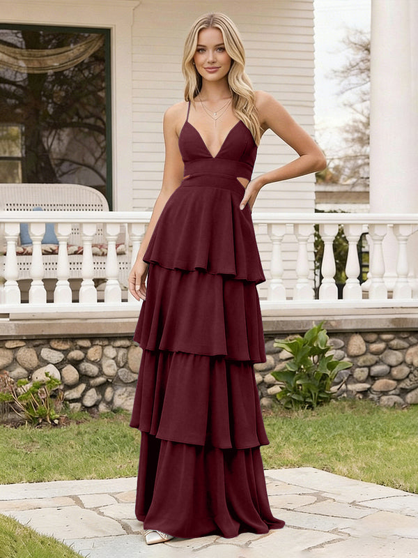 Spaghetti Straps Bridesmaid Dresses Chiffon Layered Maxi Dresses
