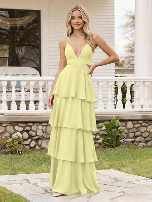 Spaghetti Straps Bridesmaid Dresses Chiffon Layered Maxi Dresses