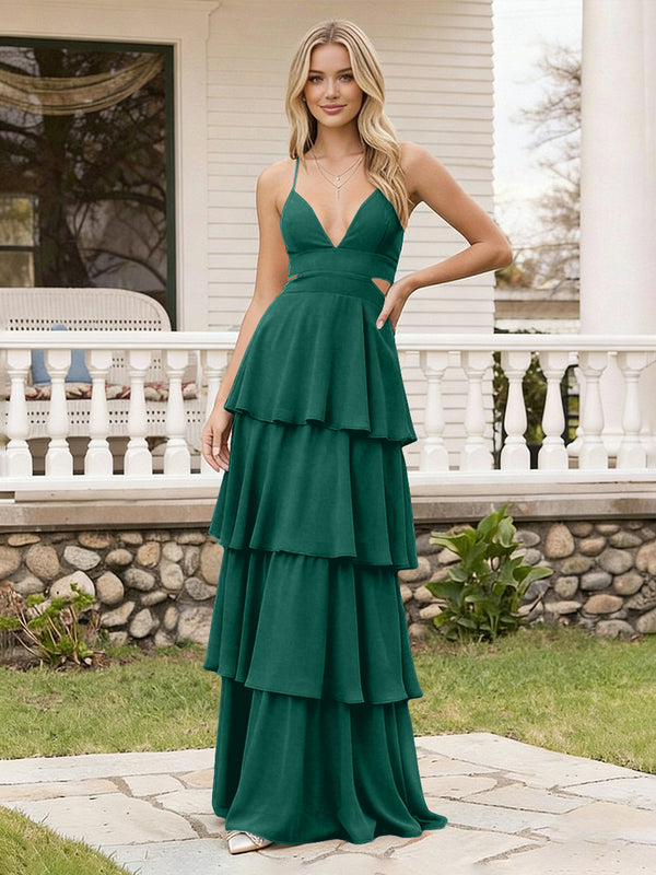 Spaghetti Straps Bridesmaid Dresses Chiffon Layered Maxi Dresses