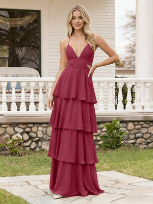 Spaghetti Straps Bridesmaid Dresses Chiffon Layered Maxi Dresses
