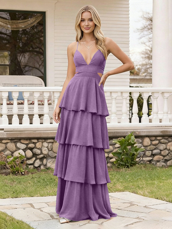 Spaghetti Straps Bridesmaid Dresses Chiffon Layered Maxi Dresses