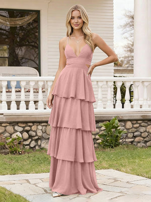 Spaghetti Straps Bridesmaid Dresses Chiffon Layered Maxi Dresses