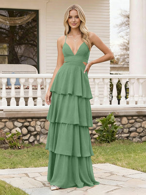 Spaghetti Straps Bridesmaid Dresses Chiffon Layered Maxi Dresses