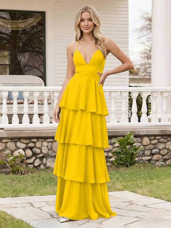 Spaghetti Straps Bridesmaid Dresses Chiffon Layered Maxi Dresses