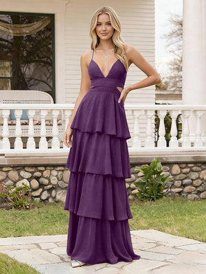 Spaghetti Straps Bridesmaid Dresses Chiffon Layered Maxi Dresses