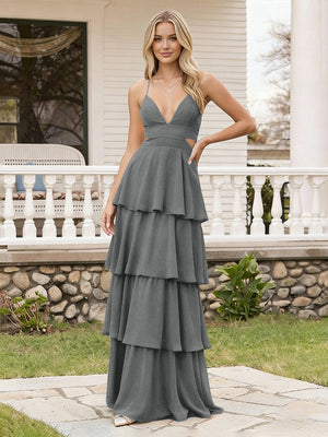 Spaghetti Straps Bridesmaid Dresses Chiffon Layered Maxi Dresses