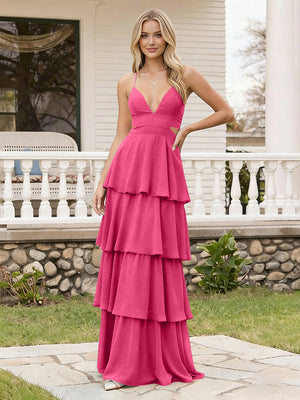 Spaghetti Straps Bridesmaid Dresses Chiffon Layered Maxi Dresses