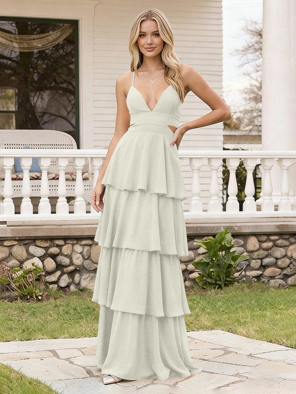 Spaghetti Straps Bridesmaid Dresses Chiffon Layered Maxi Dresses
