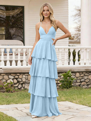 Spaghetti Straps Bridesmaid Dresses Chiffon Layered Maxi Dresses