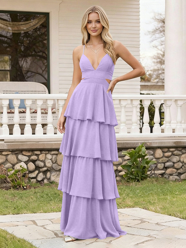 Spaghetti Straps Bridesmaid Dresses Chiffon Layered Maxi Dresses
