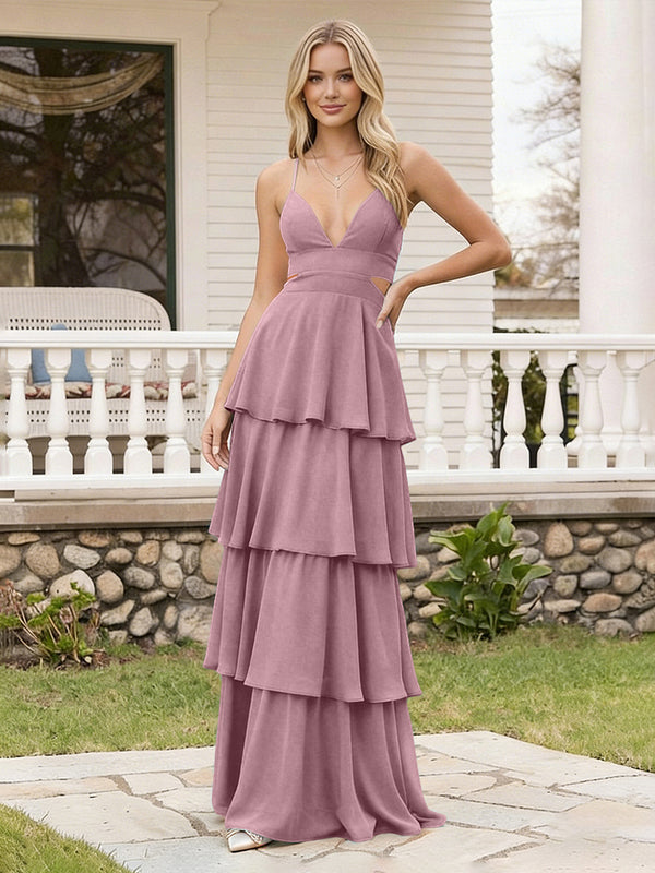 Spaghetti Straps Bridesmaid Dresses Chiffon Layered Maxi Dresses