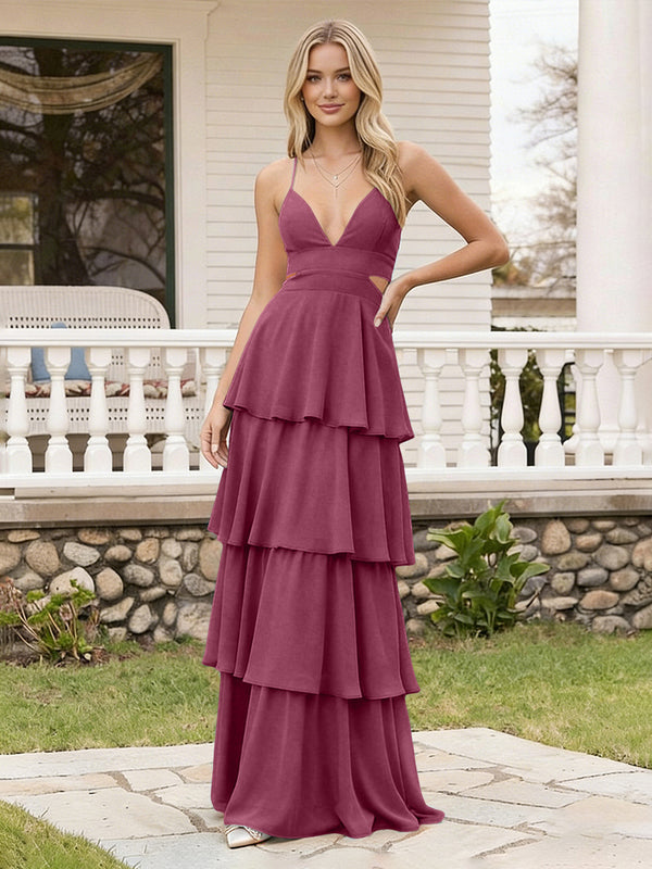 Spaghetti Straps Bridesmaid Dresses Chiffon Layered Maxi Dresses