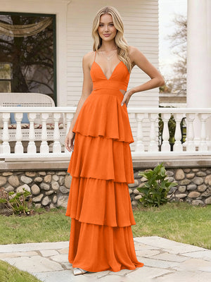 Spaghetti Straps Bridesmaid Dresses Chiffon Layered Maxi Dresses