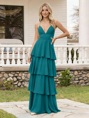 Spaghetti Straps Bridesmaid Dresses Chiffon Layered Maxi Dresses