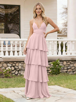 Spaghetti Straps Bridesmaid Dresses Chiffon Layered Maxi Dresses