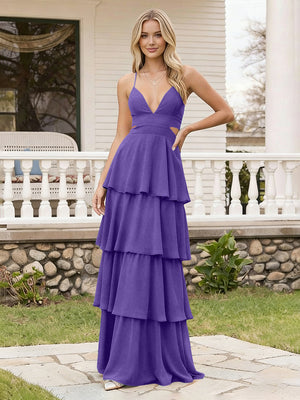 Spaghetti Straps Bridesmaid Dresses Chiffon Layered Maxi Dresses