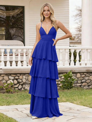 Spaghetti Straps Bridesmaid Dresses Chiffon Layered Maxi Dresses