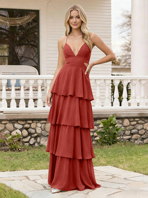 Spaghetti Straps Bridesmaid Dresses Chiffon Layered Maxi Dresses