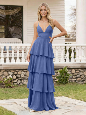 Spaghetti Straps Bridesmaid Dresses Chiffon Layered Maxi Dresses