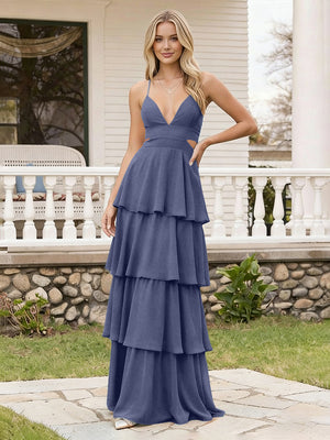 Spaghetti Straps Bridesmaid Dresses Chiffon Layered Maxi Dresses