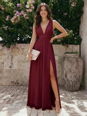 Sleeveless V Neck Bridesmaid Dresses Chiffon Maxi Dresses