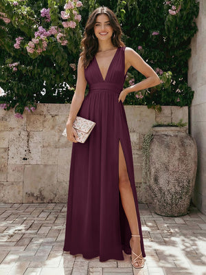 Sleeveless V Neck Bridesmaid Dresses Chiffon Maxi Dresses