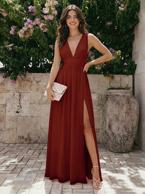 Sleeveless V Neck Bridesmaid Dresses Chiffon Maxi Dresses