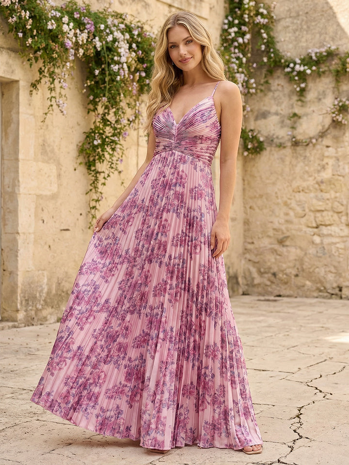 Spaghetti Straps Floral Formal Dresses with Pleats
