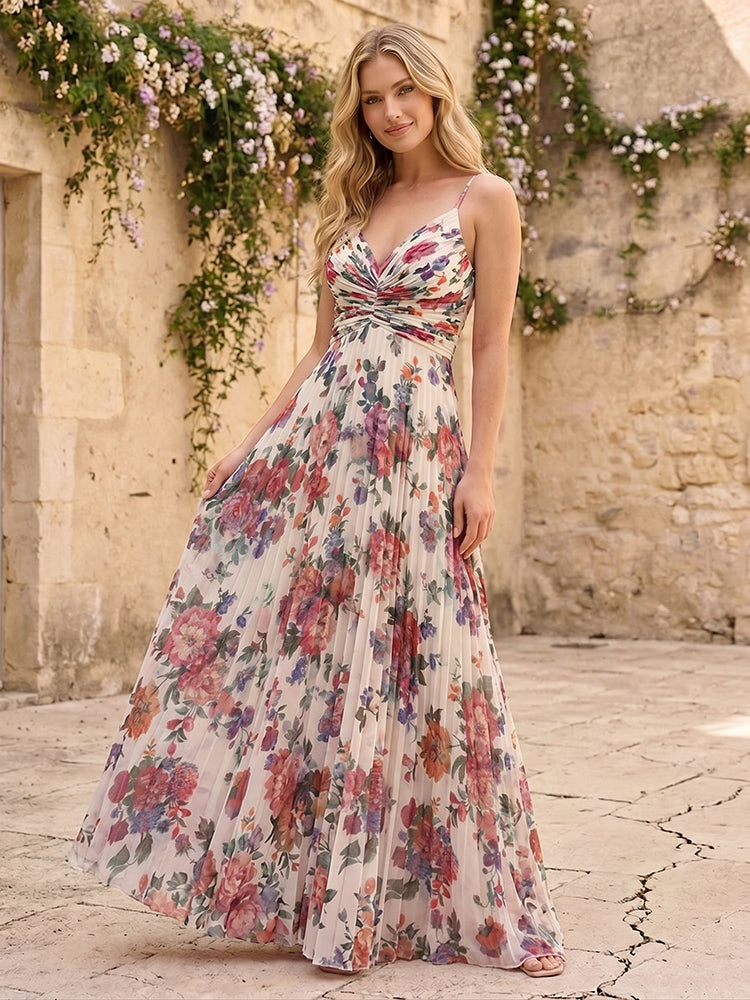 Spaghetti Straps Floral Formal Dresses with Pleats