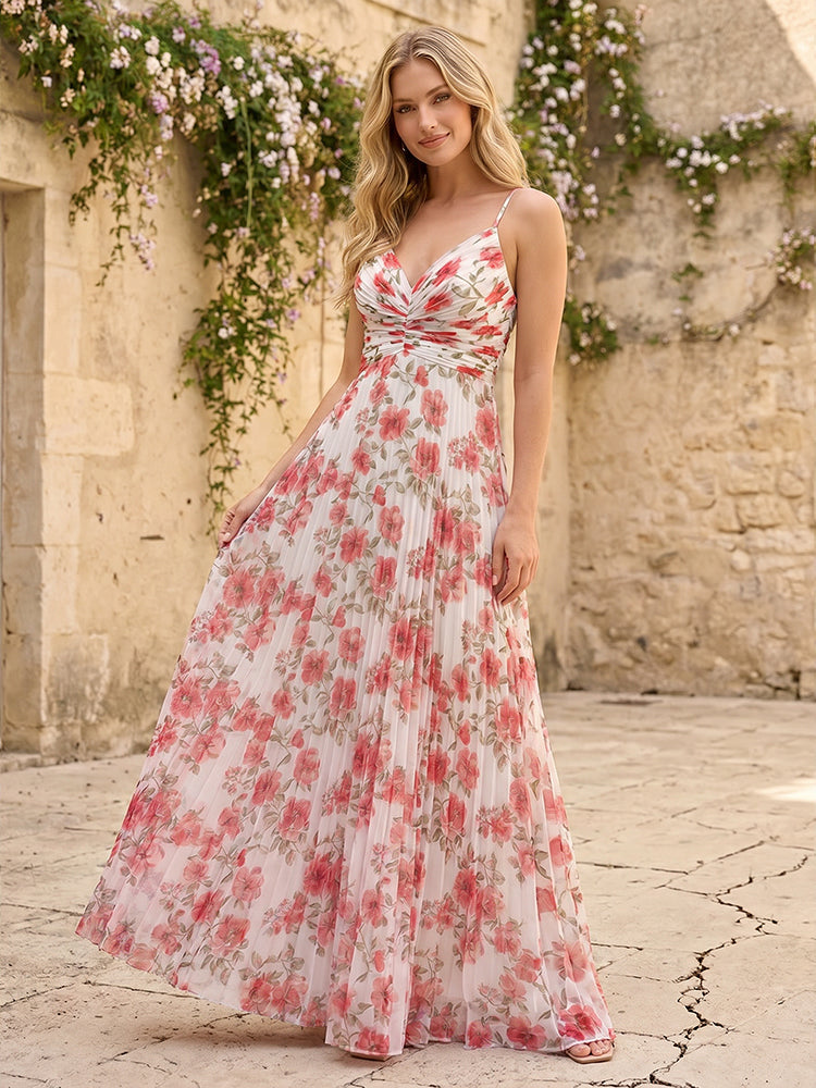 Spaghetti Straps Floral Formal Dresses with Pleats