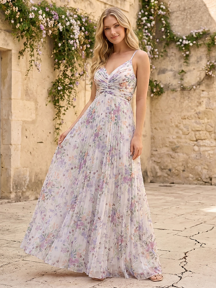 Spaghetti Straps Floral Formal Dresses with Pleats
