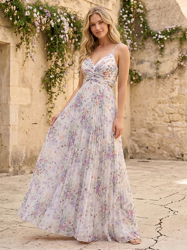 Spaghetti Straps Floral Formal Dresses with Pleats