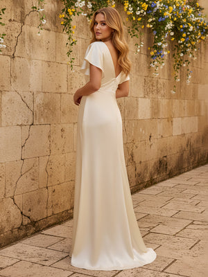 Short Sleeves V Neck Satin Bridesmaid Dresses Maxi Dresses