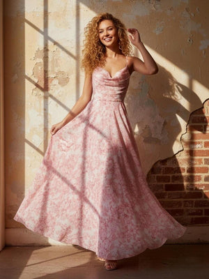 Spaghetti Straps Floral Chiffon Bridesmaid Dresses