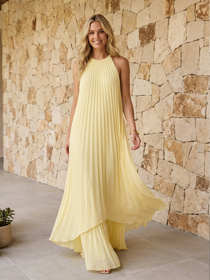 Halter Pleated Chiffon Formal Dresses A Line Maxi Dresses